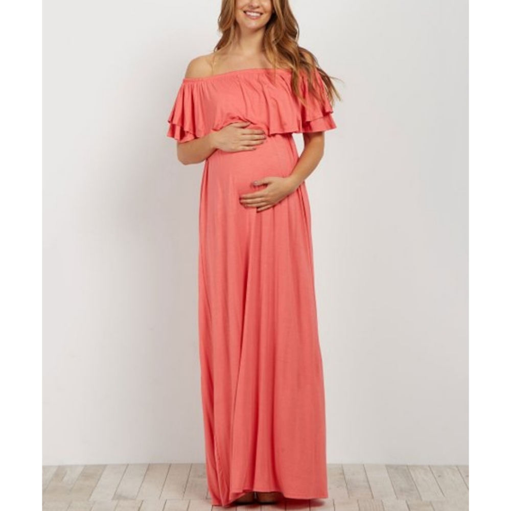 Pink Blush Off the Shoulder Ruffle Maxi Dress